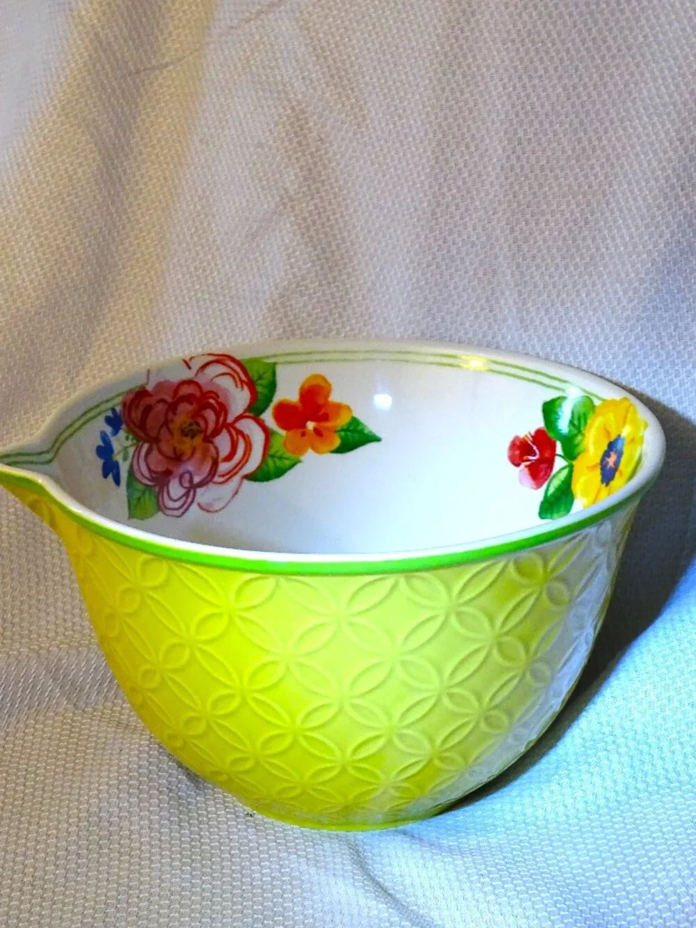 Bright Yellow Patterned Mixing Bowl with Floral Inside
